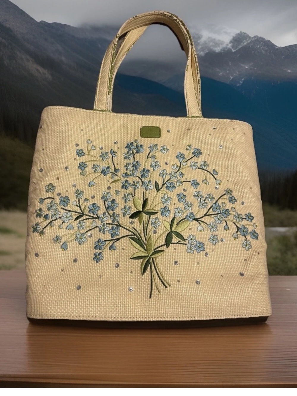 Lulu Guinness Straw Tote Cottagecore Blue Boho Floral Embroidered Sequin Handbag